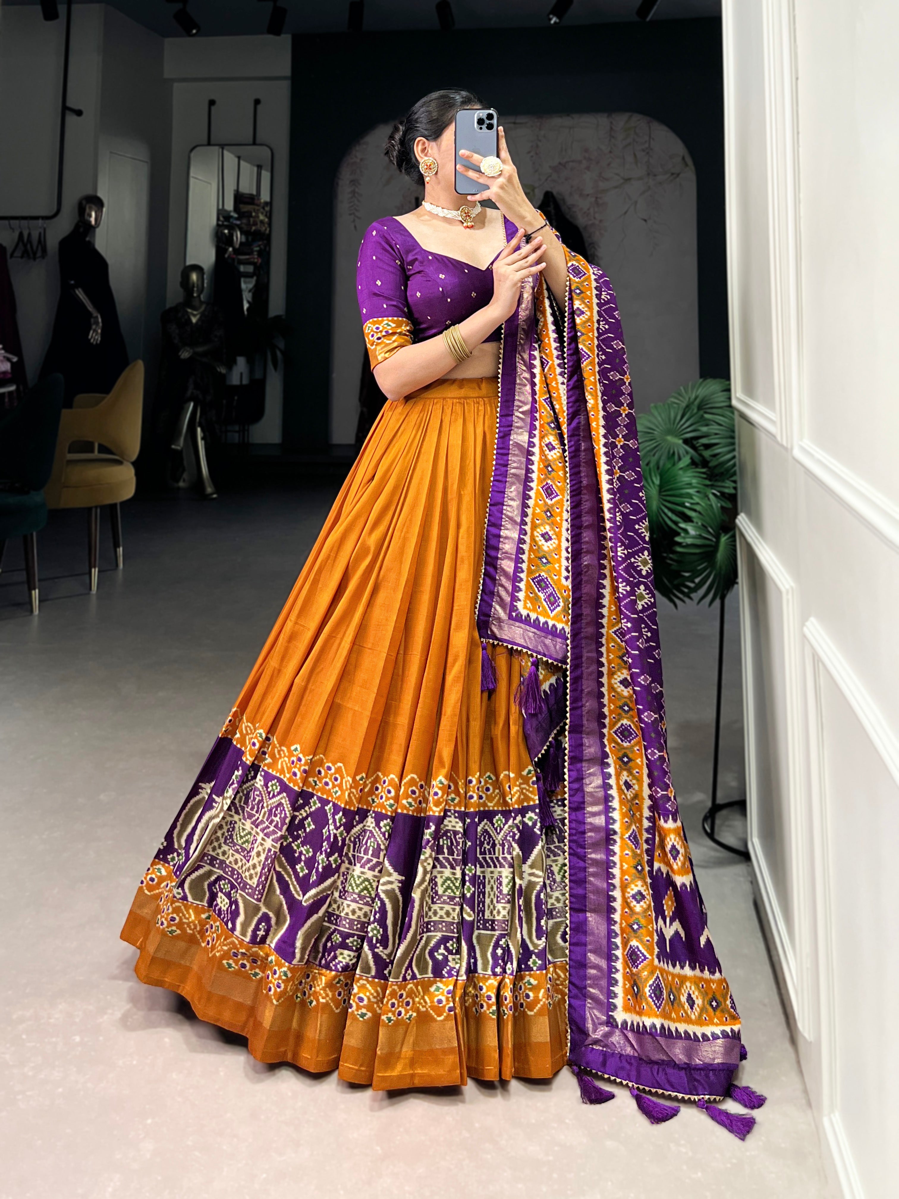 πͺ· Infuse Your Wardrobe with Southern Grace πͺ· Silk Kalamkari Print Lehenga Choli with Foil Work Border - Navratri